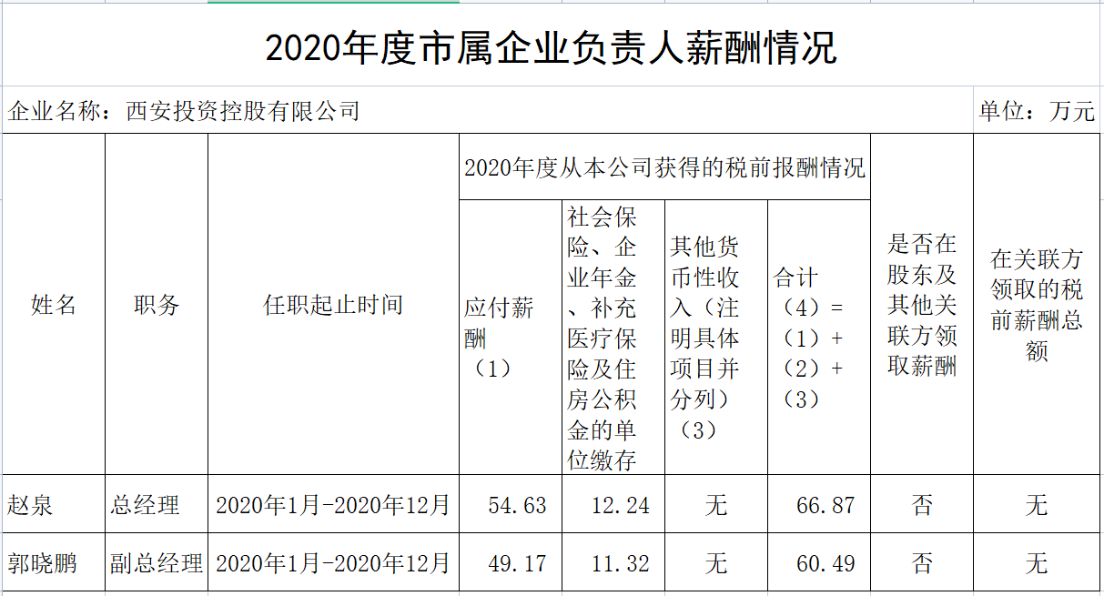 2020年度市屬企業(yè)負責人薪酬情況